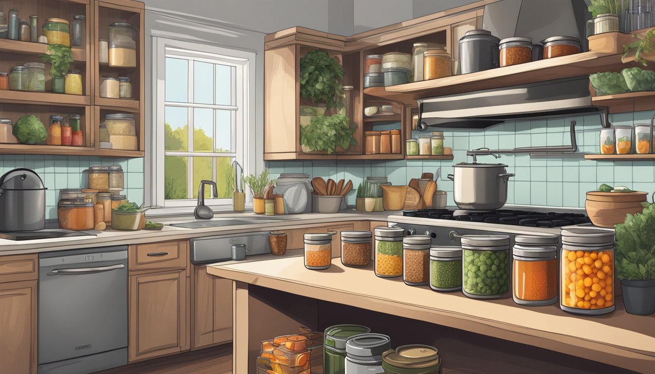 A cozy kitchen with shelves stocked full of various canned soups, a pot simmering on the stove, and a chef's knife and cutting board ready for added ingredients