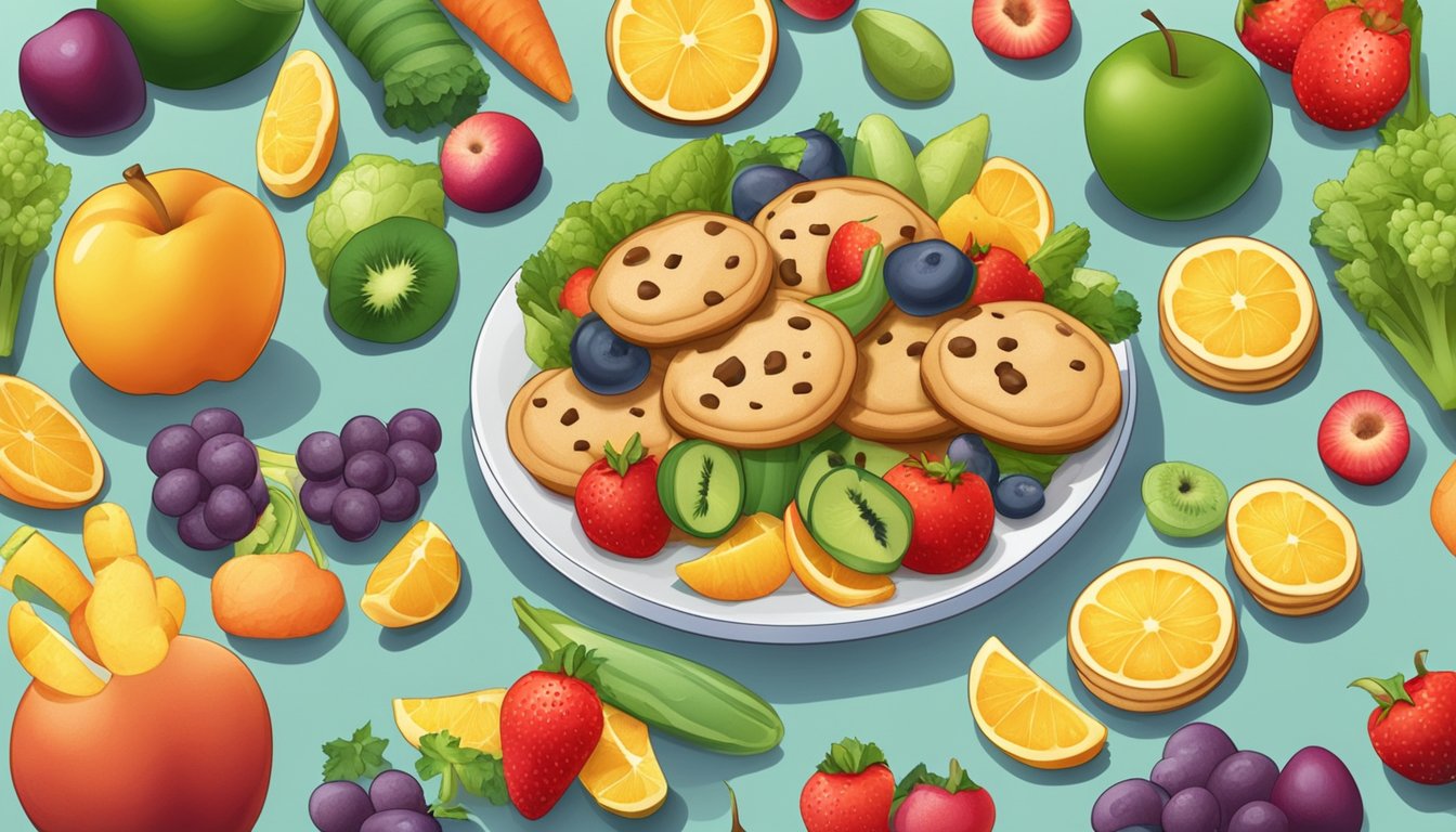 A plate with a single cookie surrounded by various fruits and vegetables