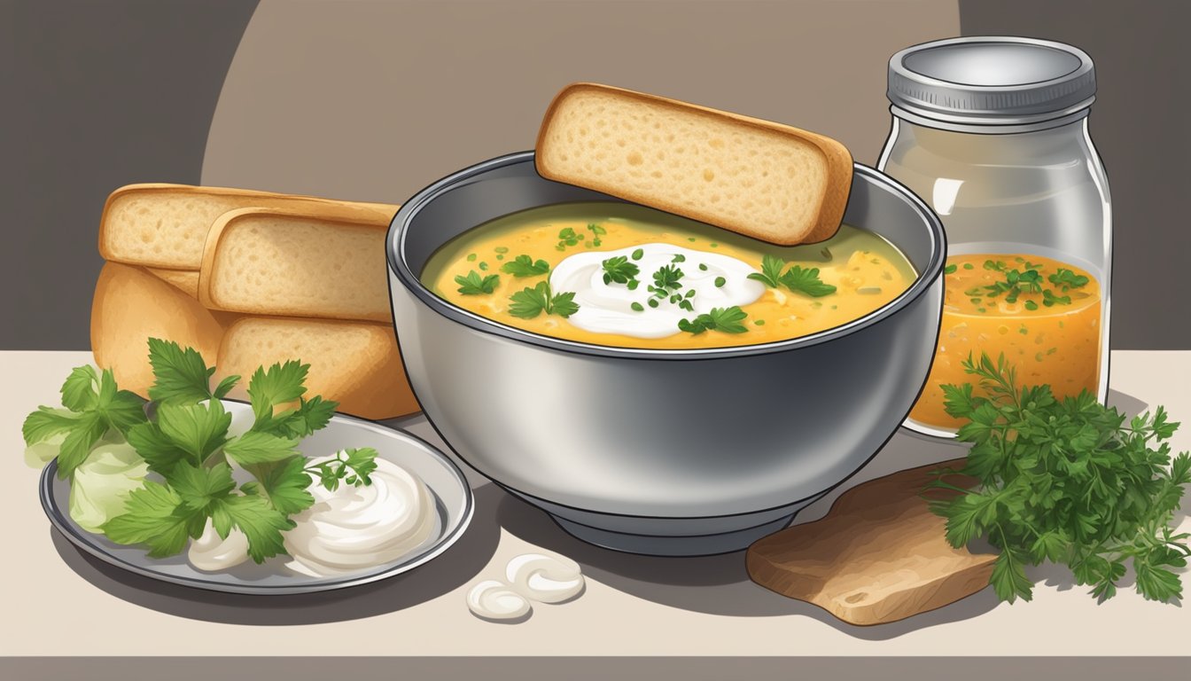 A steaming bowl of canned soup with a sprinkle of fresh herbs, a dollop of sour cream, and a side of crusty bread