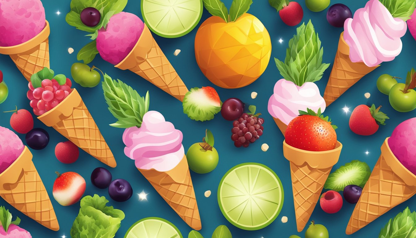 A group of ice cream cones, fruits, and vegetables arranged in a circle, with a bright spotlight shining down on them