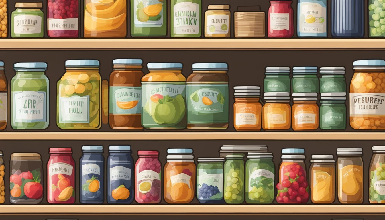 A pantry shelf filled with colorful cans of fruit, surrounded by jars of preserves and stacks of recipe books