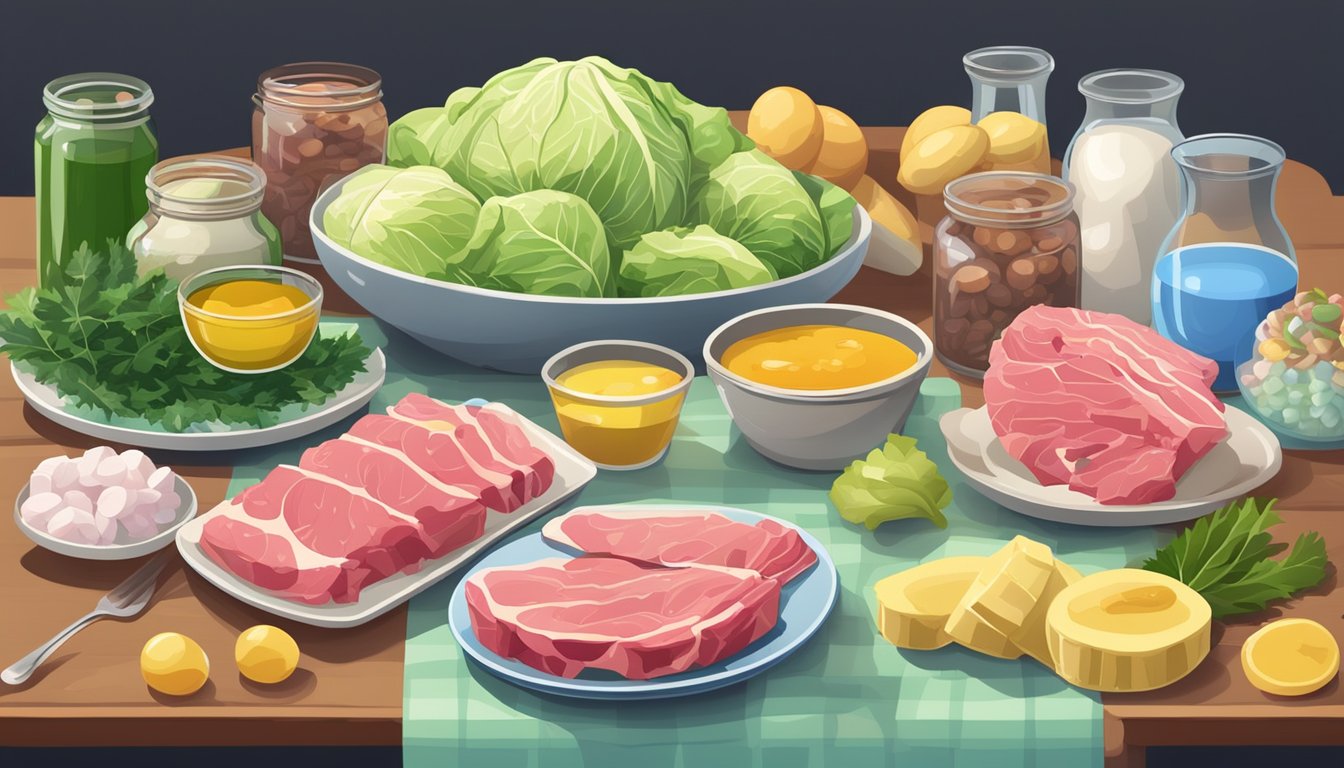 A table with 10 unique diet items: a pile of raw meat, a stack of cabbage, a plate of insects, a bowl of seaweed, a jar of baby food, a collection of colored pills, a tray of ice cubes, a plate of raw eggs, a pile of bananas, and a glass of vinegar