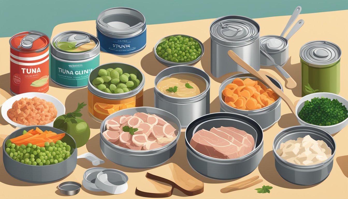 A kitchen counter with open cans of tuna, surrounded by various ingredients and cooking utensils, showcasing the versatility of canned tuna in different recipes