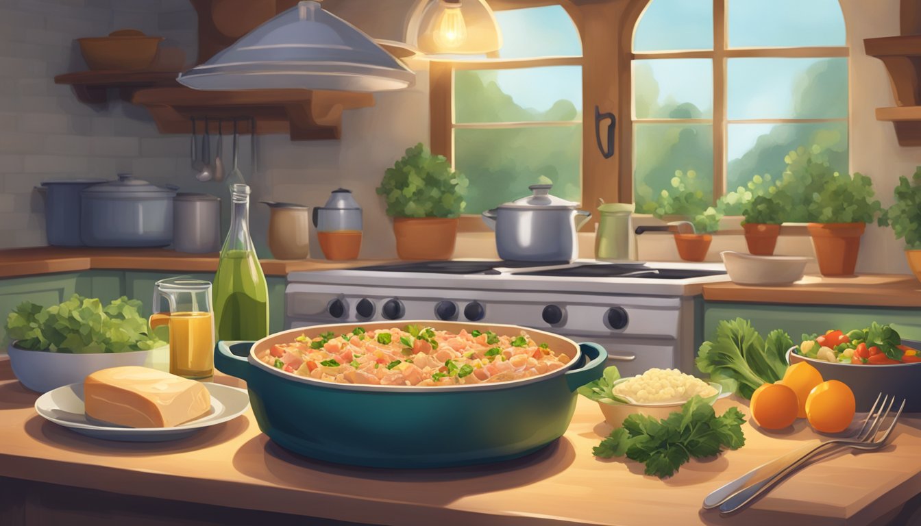 A cozy kitchen with a bubbling casserole dish of creamy tuna, surrounded by fresh ingredients and warm, inviting lighting