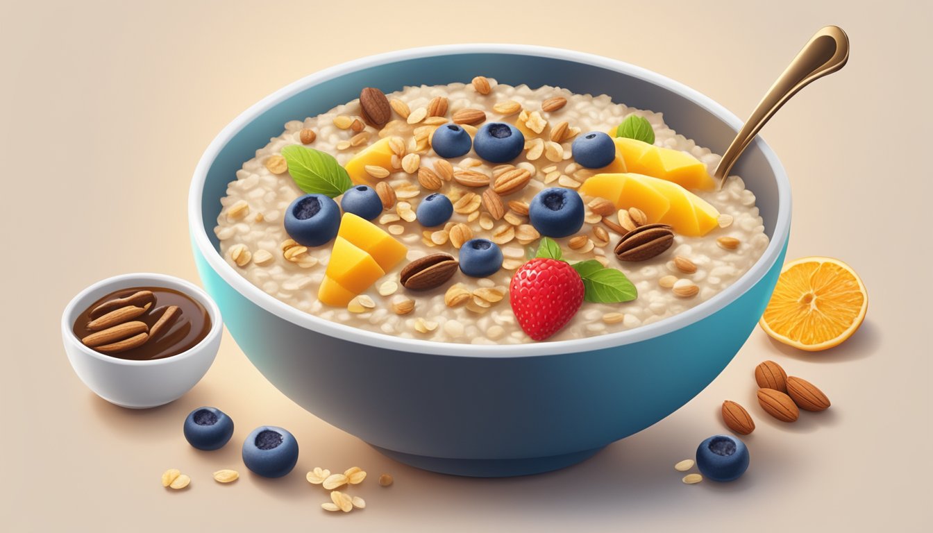 A bowl of instant oatmeal surrounded by various toppings like fruits, nuts, and honey, with a steaming cup of coffee in the background