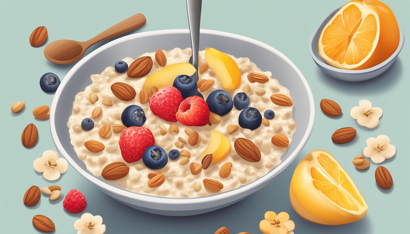 A bowl of oatmeal surrounded by various toppings like fruits, nuts, and honey, with a spoon placed next to it