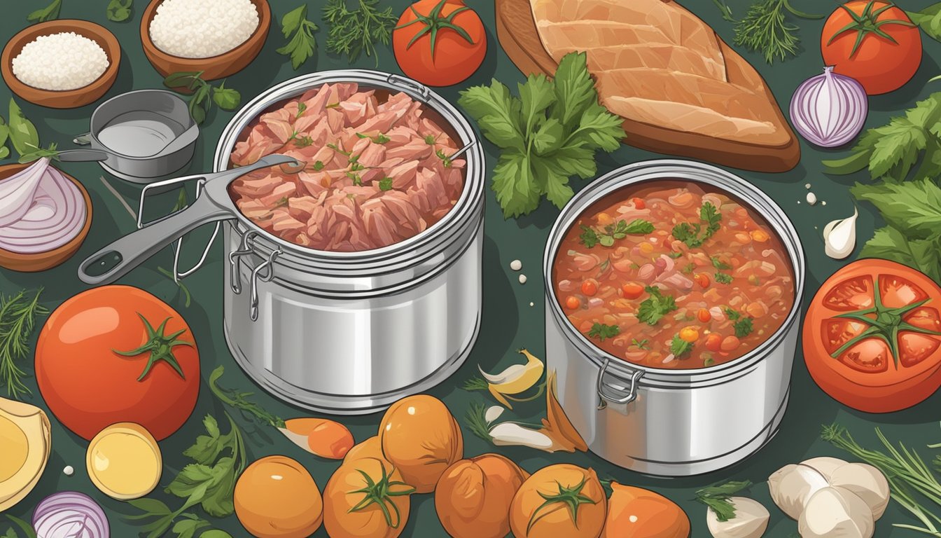 A can of tuna surrounded by various ingredients like tomatoes, onions, and herbs, with a skillet and cooking utensils nearby