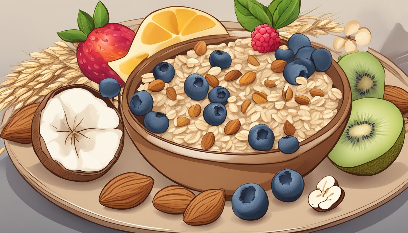 A bowl of oatmeal surrounded by various ingredients like fruits, nuts, and seeds, representing different diet options