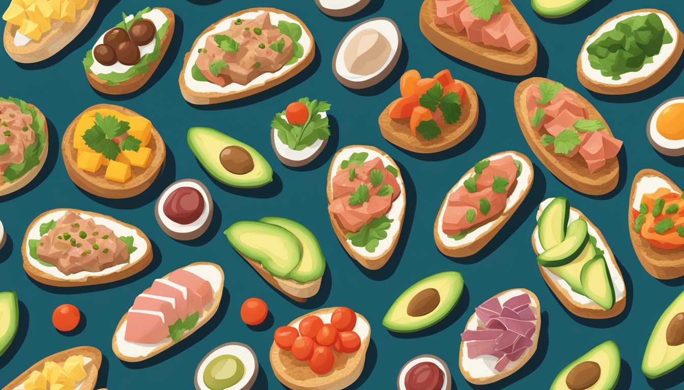 A colorful array of appetizers and snacks featuring canned tuna, including tuna crostinis, tuna bruschetta, and tuna-stuffed avocado halves