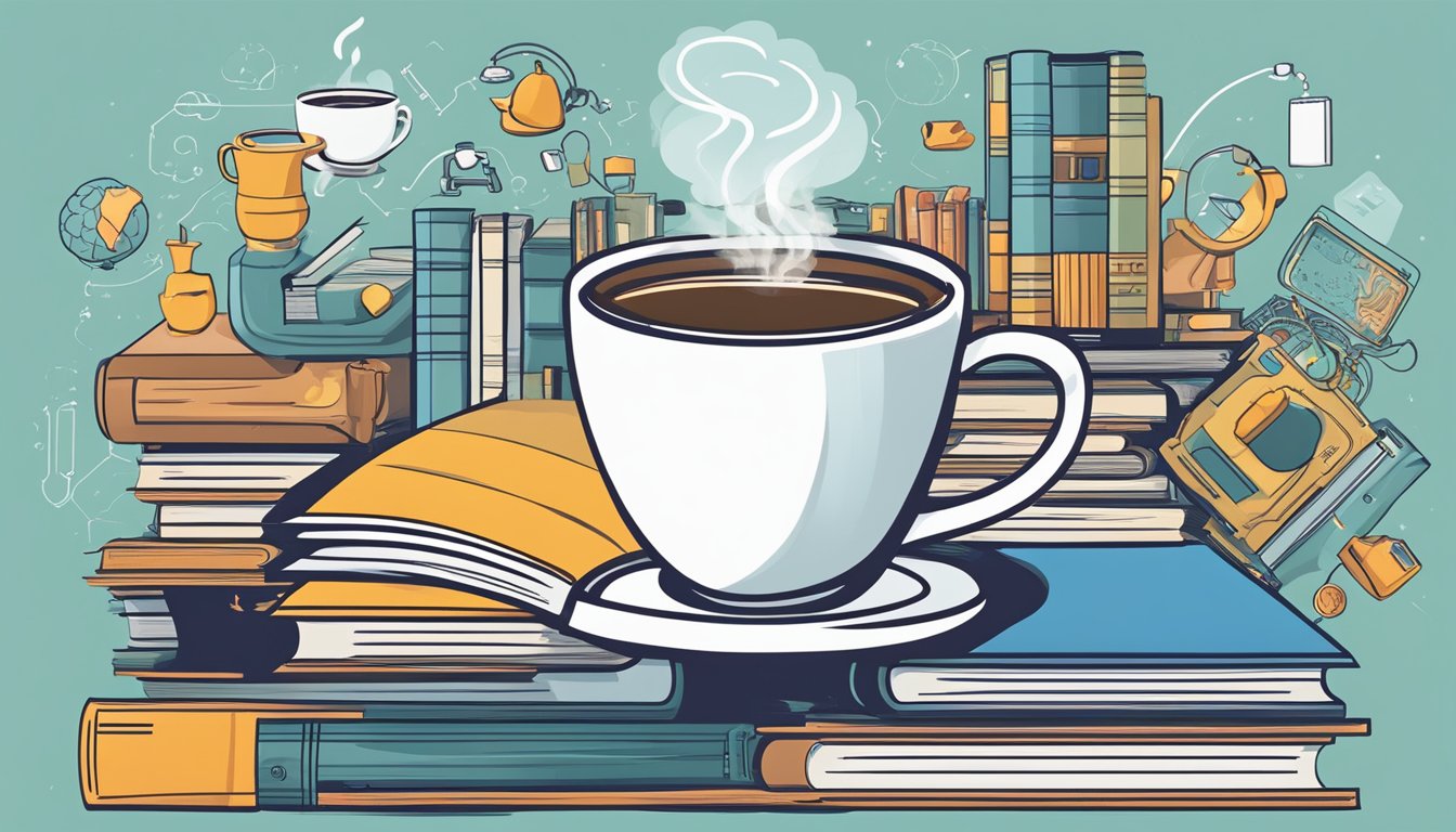 A steaming cup of coffee surrounded by various objects representing enhanced brain function, such as books, a computer, and a puzzle