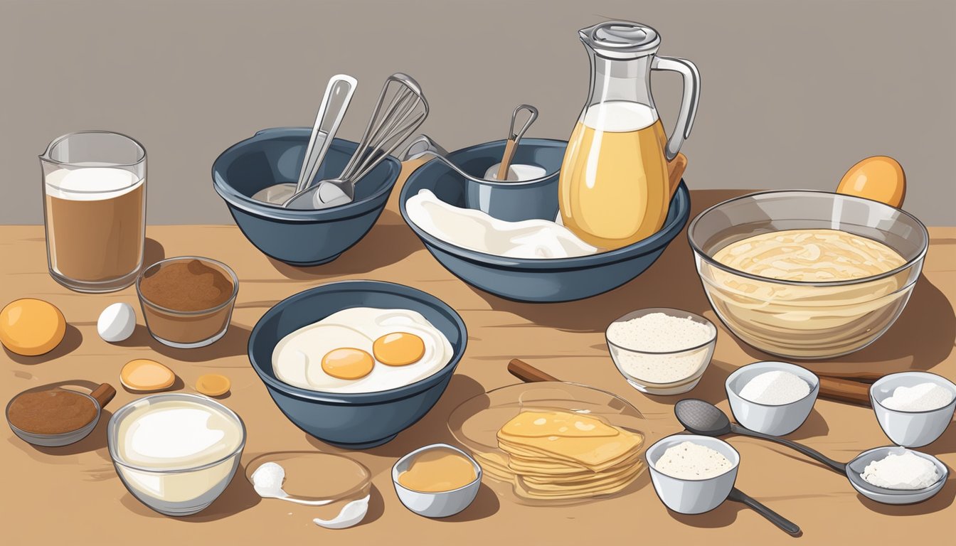 A mixing bowl filled with pancake mix, eggs, and milk, surrounded by scattered ingredients like vanilla extract and cinnamon. A whisk and measuring cups sit nearby