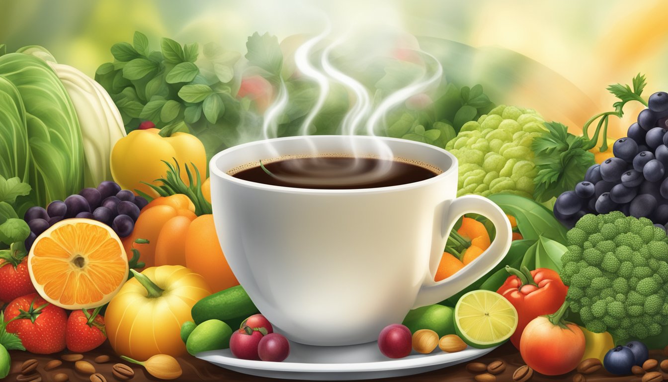 A steaming cup of coffee surrounded by various fruits and vegetables, radiating a glow of health and vitality