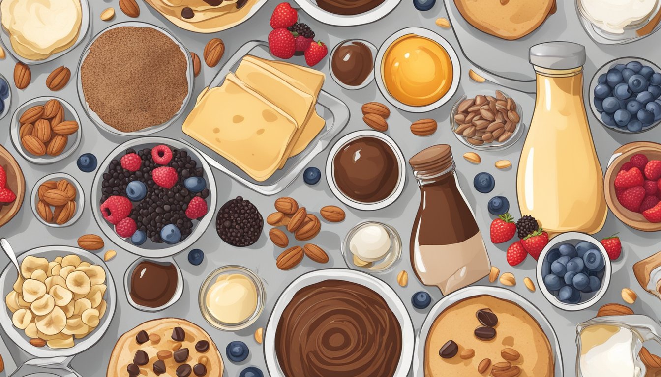 A variety of ingredients and toppings surround a bowl of boxed pancake mix, including chocolate chips, berries, nuts, and syrup