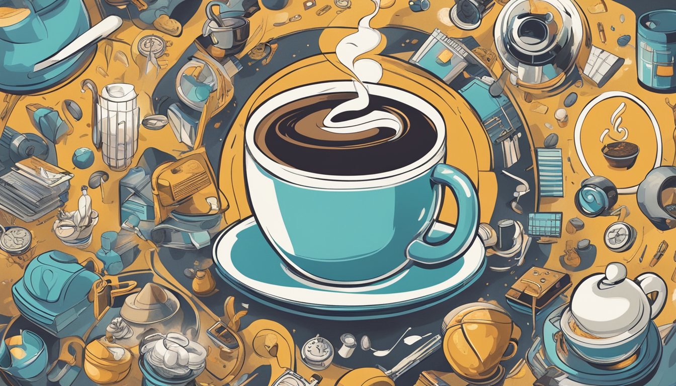 A steaming cup of coffee surrounded by various objects representing the positive effects on the body, such as a heart, brain, and energy-boosting symbols