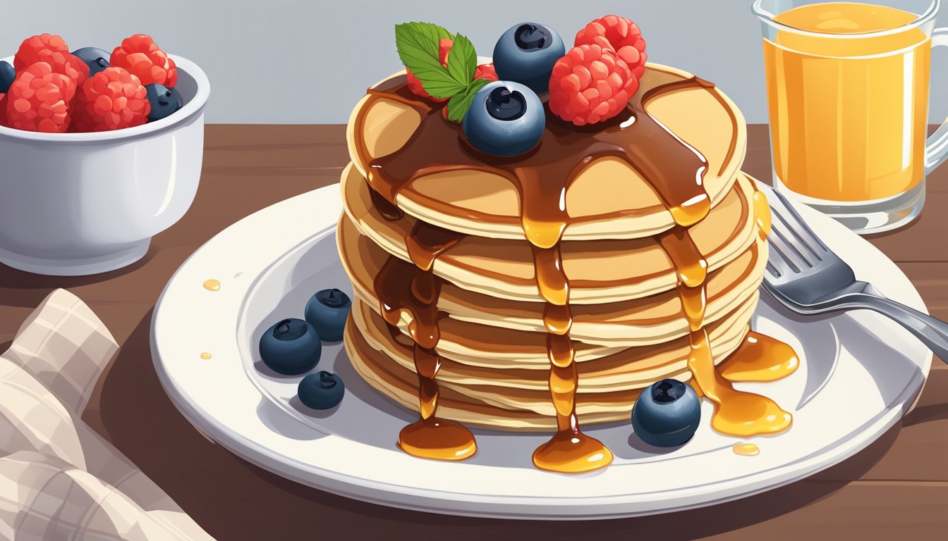 A stack of fluffy pancakes on a white plate, drizzled with syrup and topped with a pat of melting butter. A pitcher of syrup and a bowl of fresh berries sit nearby