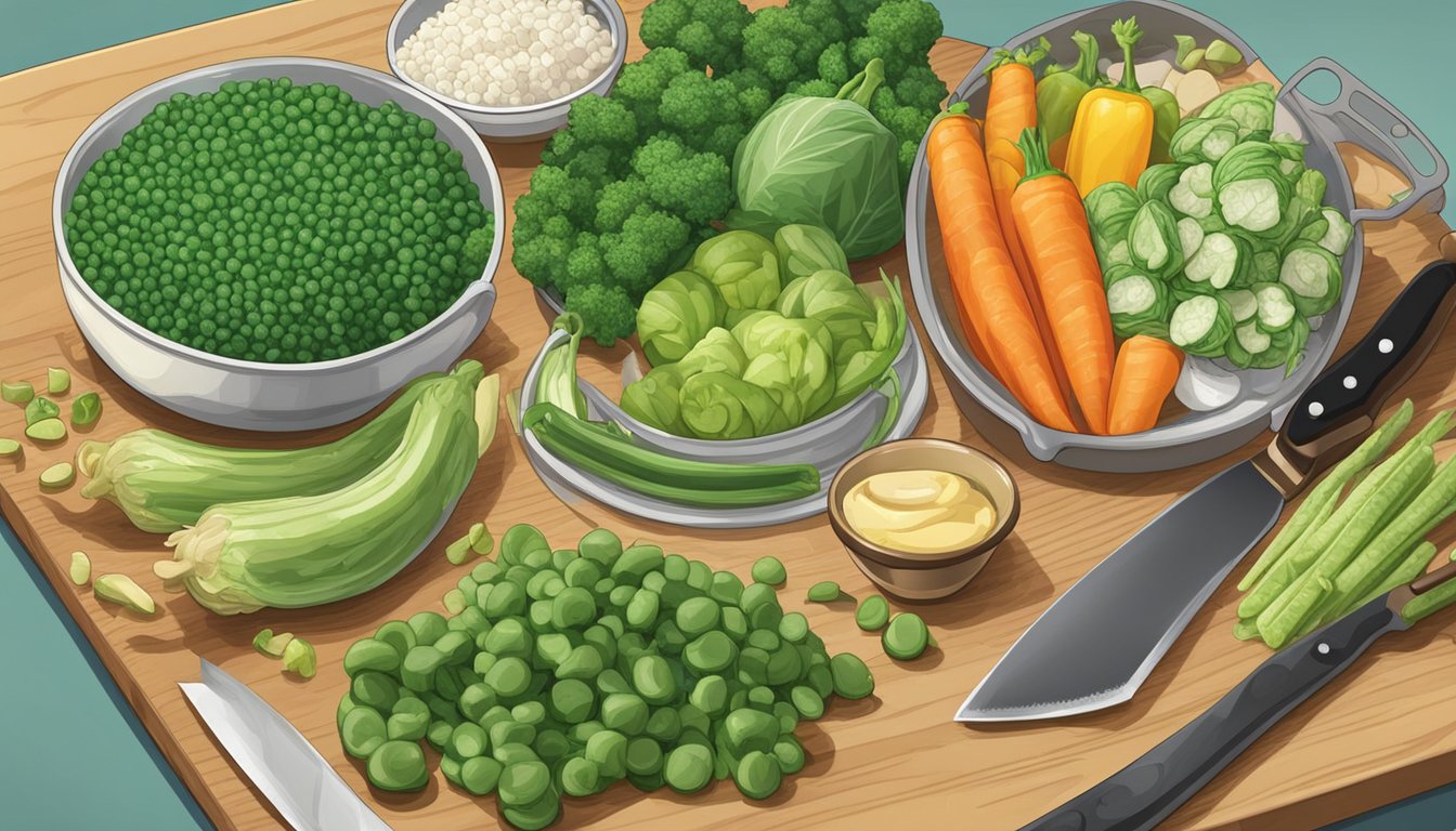 A variety of frozen vegetables arranged on a cutting board next to a knife and a pot on a stove