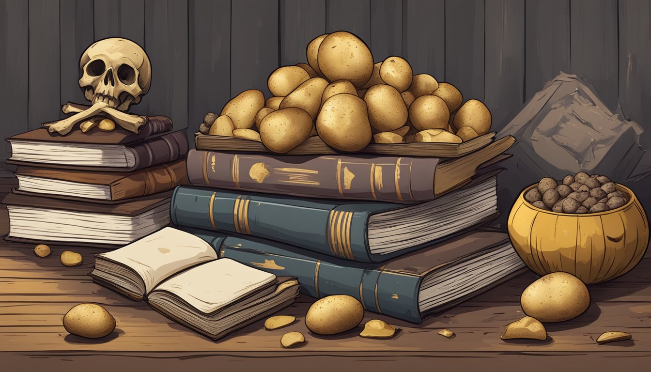 A pile of potatoes surrounded by old, tattered books on a wooden table. A warning sign with a skull and crossbones sits next to the potatoes