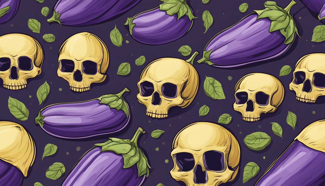 Eggplants surrounded by caution signs and skulls