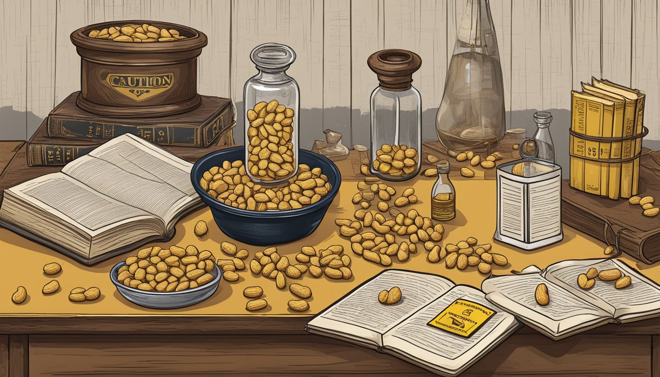 A table with a variety of peanuts, surrounded by caution signs and a historical book on poisons