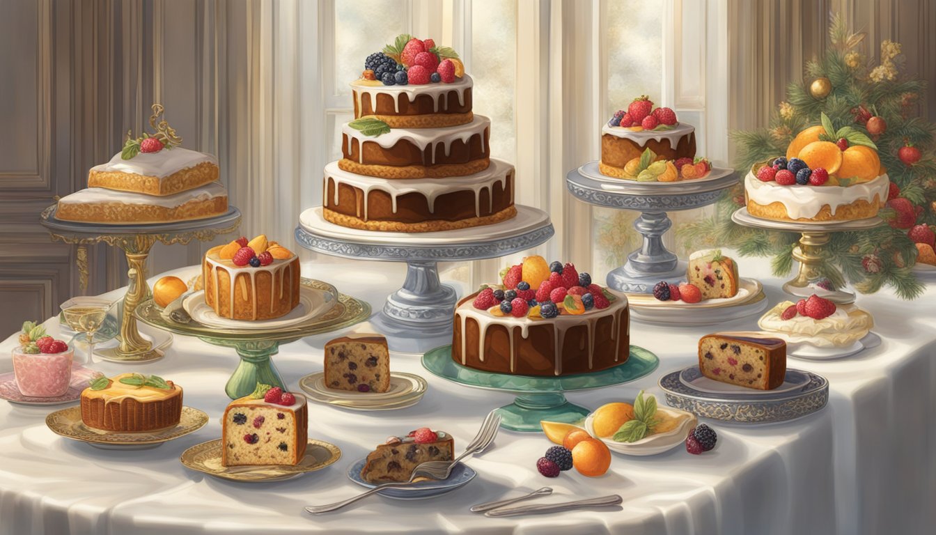 A lavish table displays a decadent diamond fruitcake alongside other opulent desserts, exuding luxury and indulgence