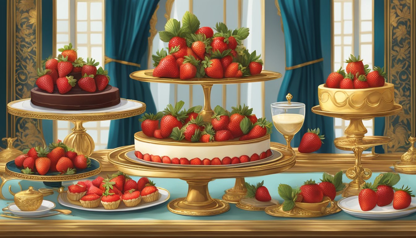 A lavish dessert table featuring exotic strawberries Arnaud served on gilded platters alongside other opulent treats. Rich colors and decadent details abound