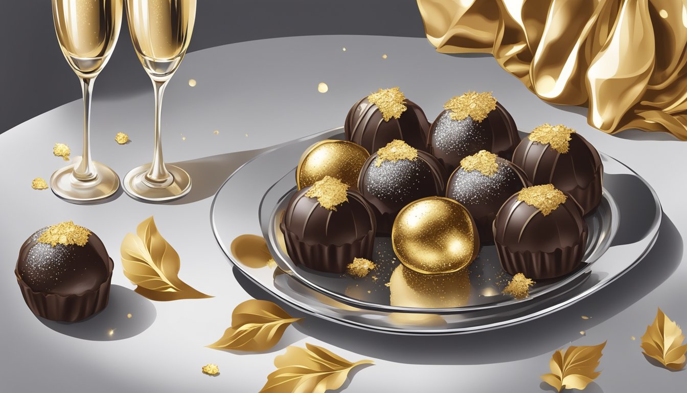 A decadent chocolate truffle surrounded by gold leaf and served on a silver platter, accompanied by a glass of vintage champagne