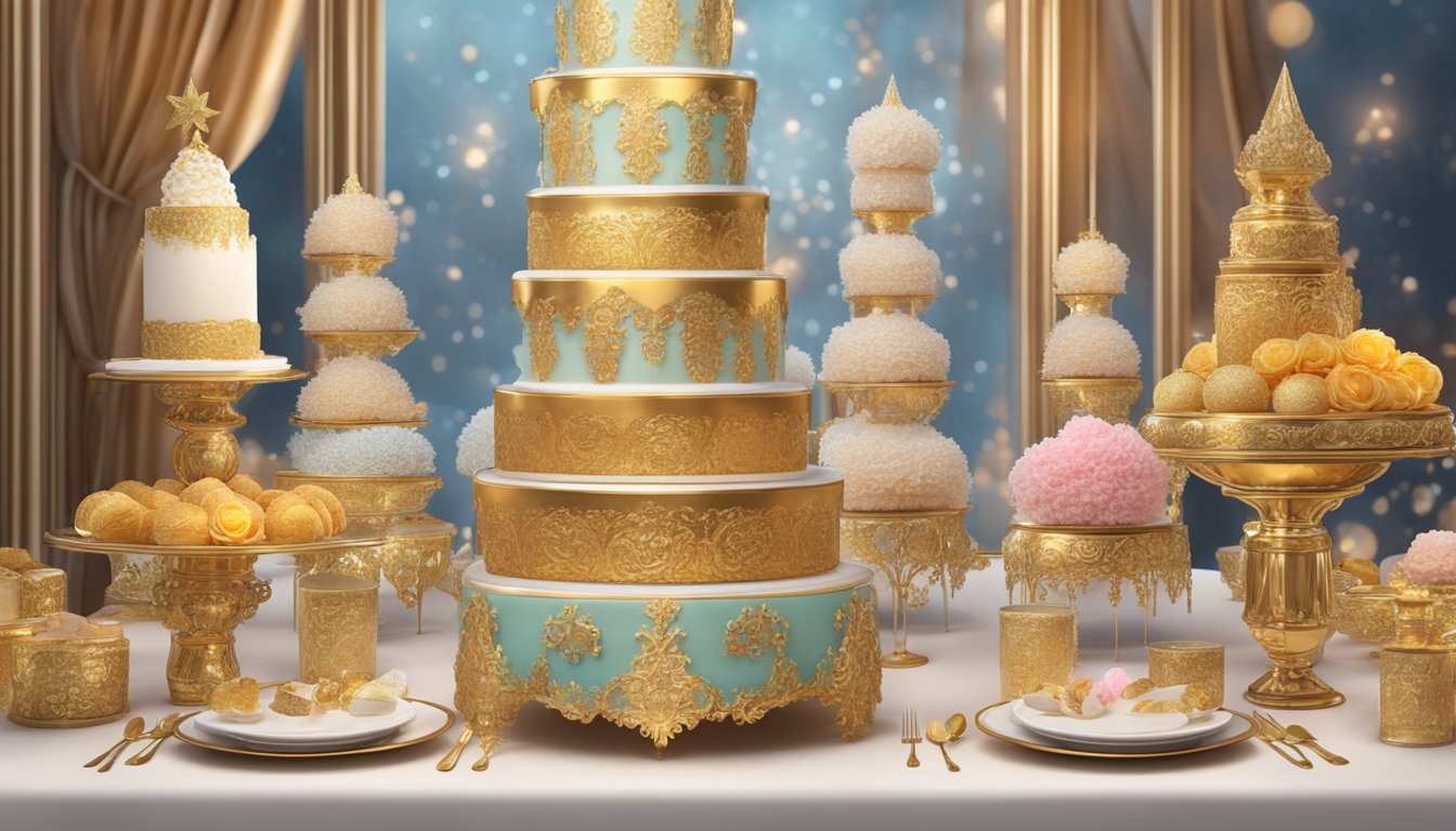 A lavish table adorned with a decadent dessert tower, shimmering with gold leaf and intricate sugar sculptures, surrounded by opulent decor