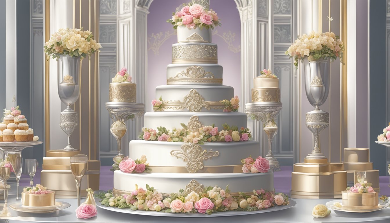 A towering platinum wedding cake surrounded by opulent desserts and luxurious decorations