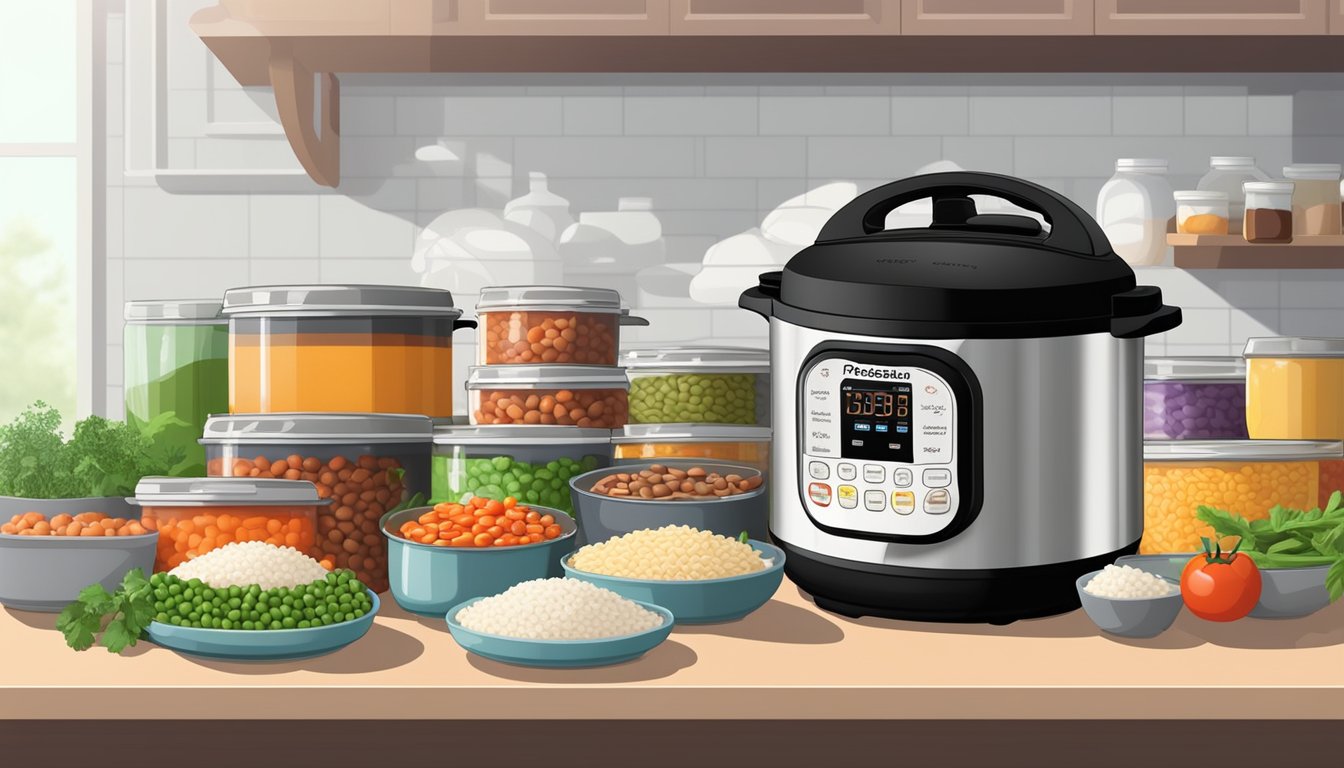 An Instant Pot surrounded by various shelf-stable ingredients such as canned beans, rice, pasta, and canned tomatoes, with steam rising from the pot