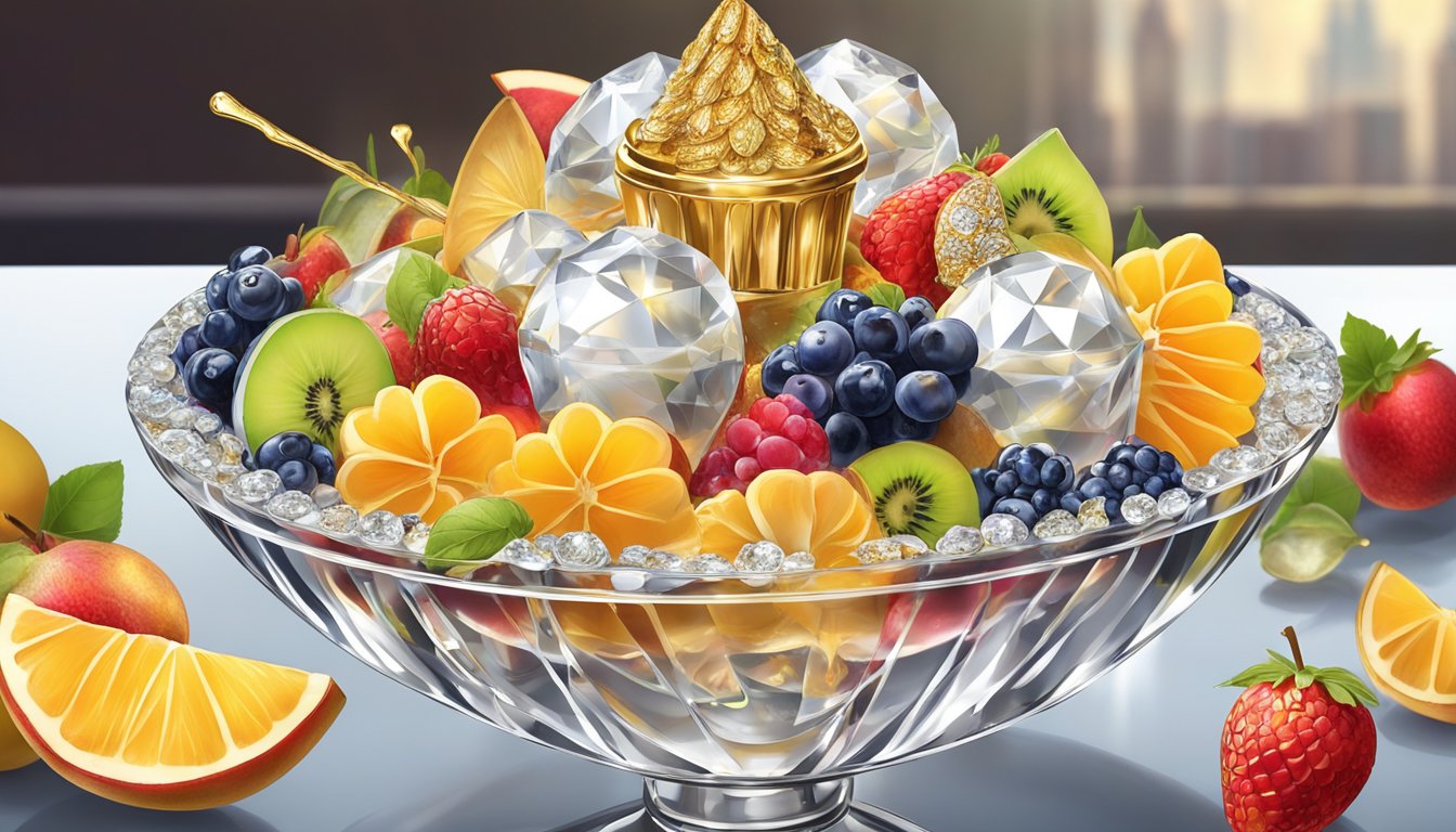 A lavish sundae adorned with gold leaf, edible diamonds, and exotic fruits, served in a crystal bowl on a silver platter