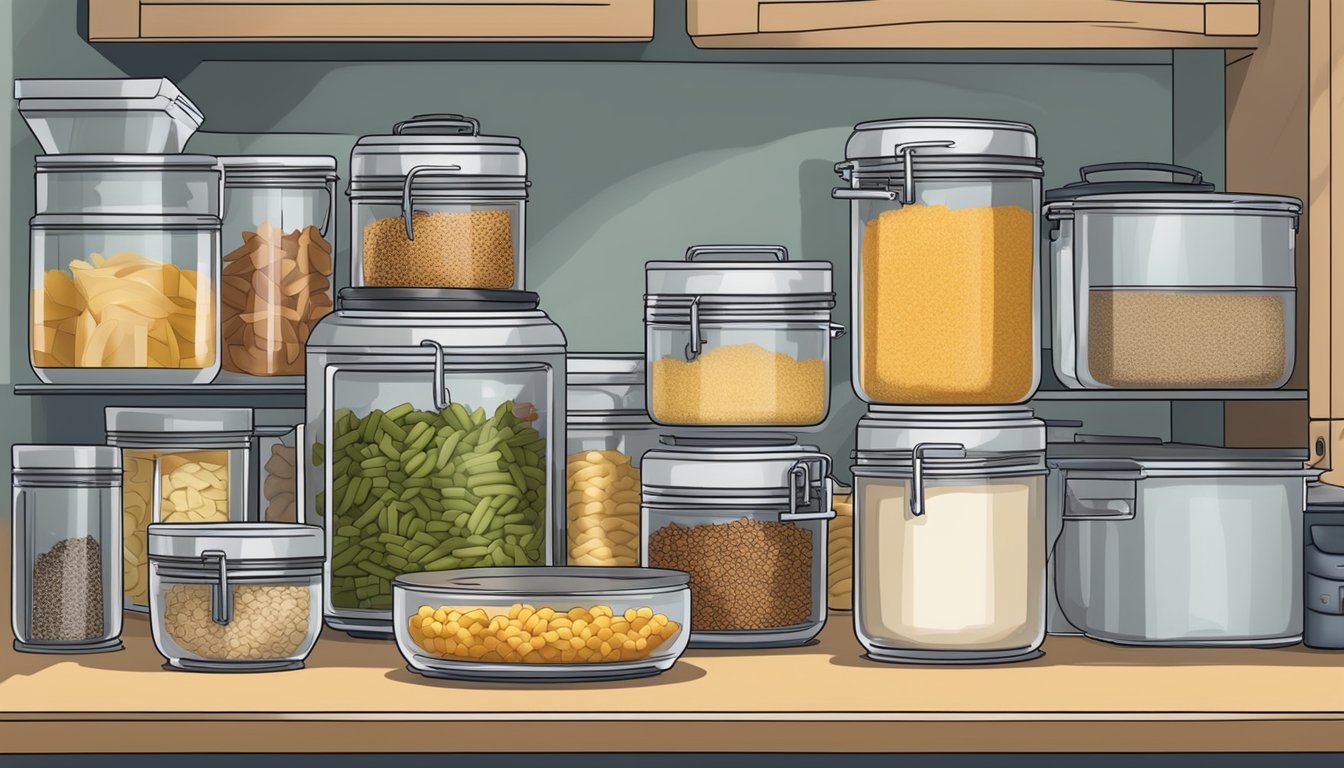 A well-stocked pantry with canned goods, dried pasta, rice, and various spices. A pressure cooker sits on the counter, ready for use