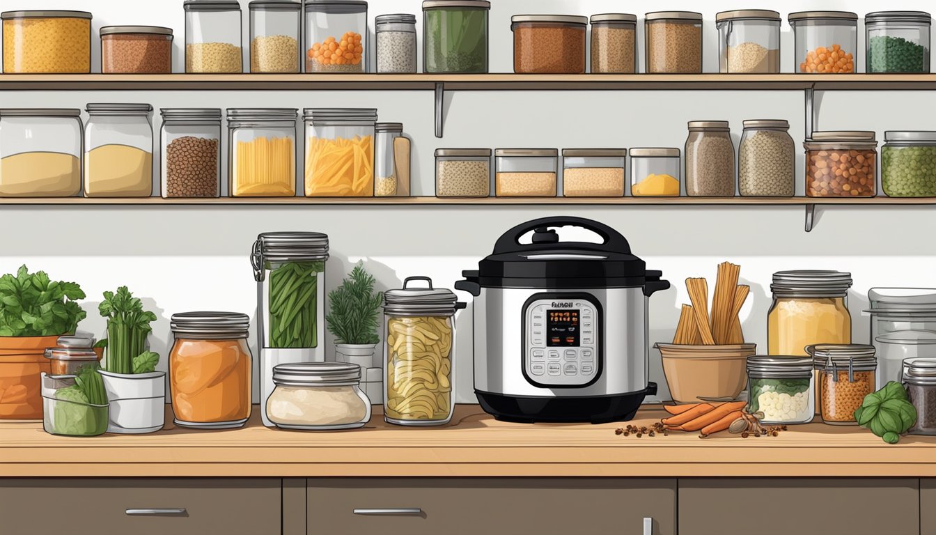 A kitchen counter with an Instant Pot surrounded by various shelf stable ingredients such as canned goods, dry pasta, and spices