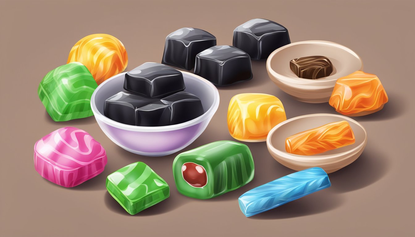 A colorful assortment of unique candies, including Grass Jelly Candy, displayed on a table