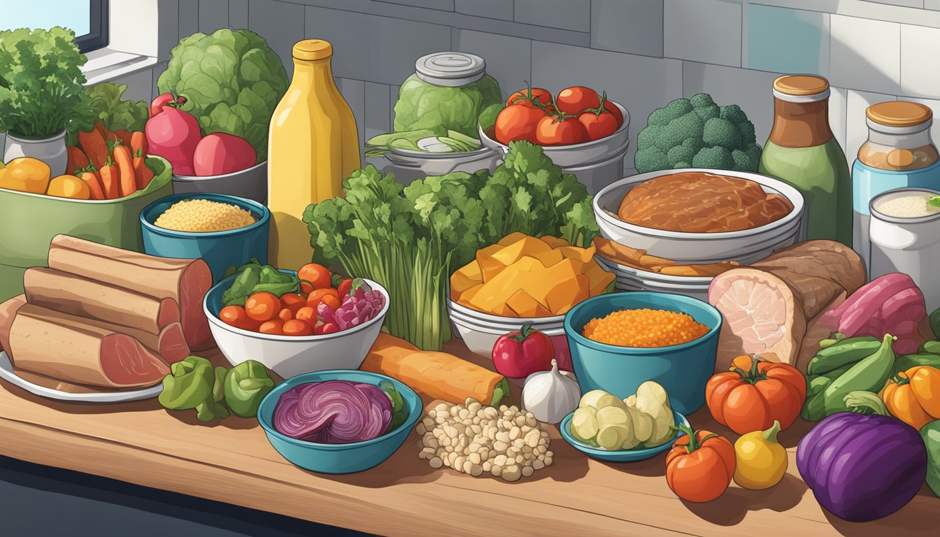 A colorful array of food items, including vegetables, meats, and packaged goods, arranged neatly on a kitchen counter