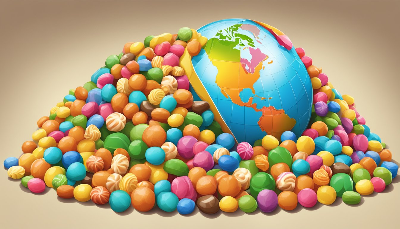 A pile of colorful and oddly shaped candies, including Fini Camel Balls, arranged on a table with a world map in the background