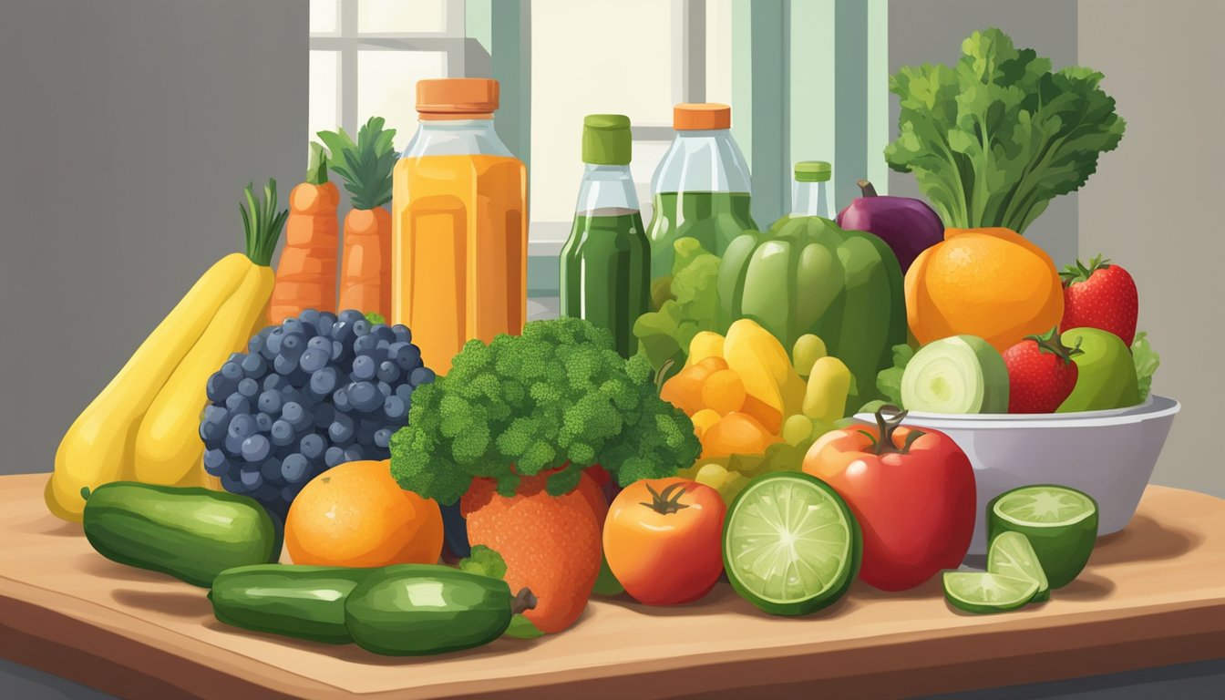 A colorful array of fresh fruits and vegetables arranged on a kitchen counter, with a bottle of sodium benzoate placed among them