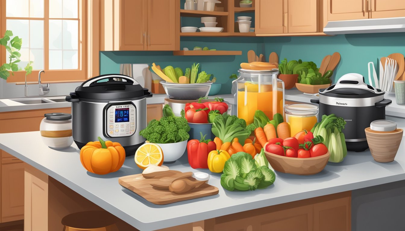 A kitchen counter with various shelf-stable ingredients and an Instant Pot, surrounded by colorful and vibrant fresh produce