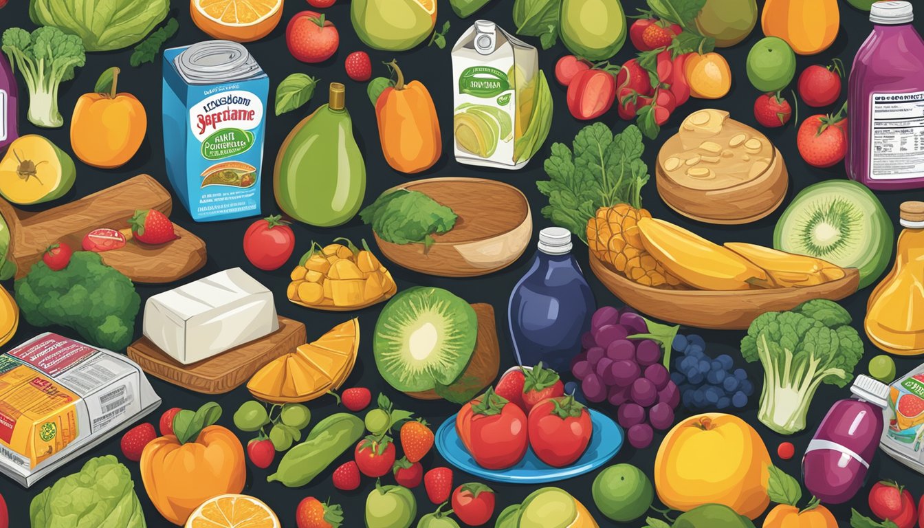 A colorful array of various food items, such as fruits, vegetables, and packaged goods, with a prominent focus on a bottle of aspartame