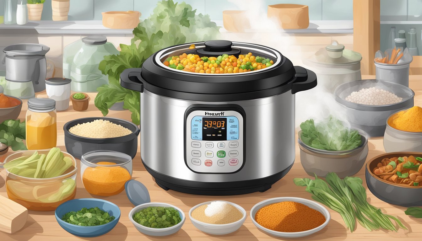 A variety of shelf-stable ingredients and spices surround an Instant Pot, with steam rising from a flavorful and colorful meal inside