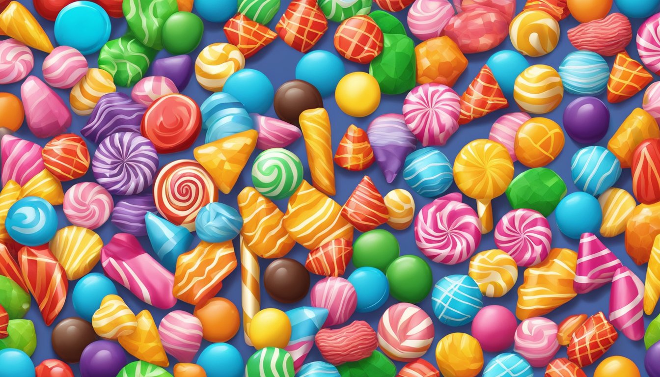 A colorful array of unique candies from various countries, including Skordion Lollipop, displayed on a vibrant backdrop