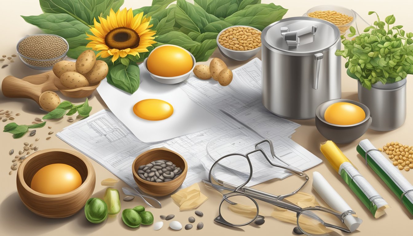 A variety of food items like eggs, soybeans, and sunflower seeds, surrounded by scientific equipment and research papers