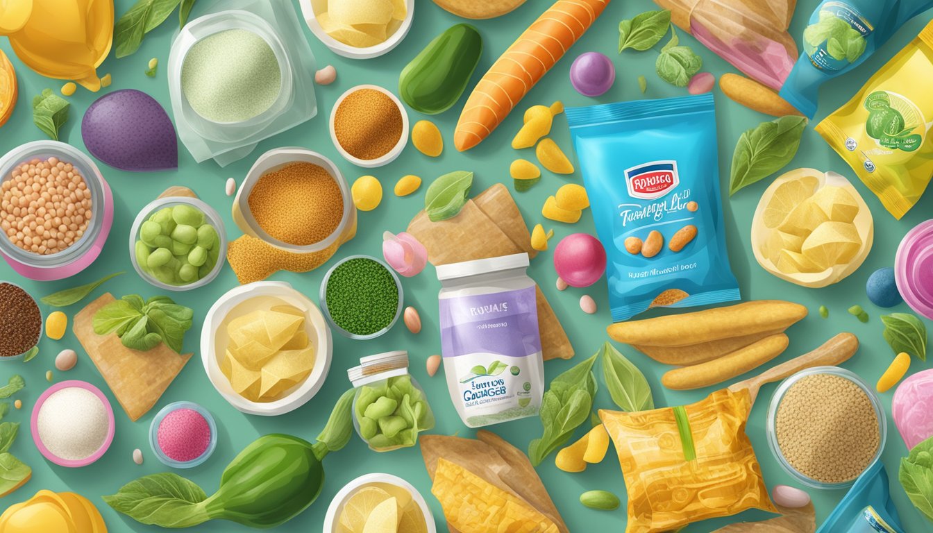 A colorful array of food items and packaging, with a prominent bag of guar gum surrounded by other food additives