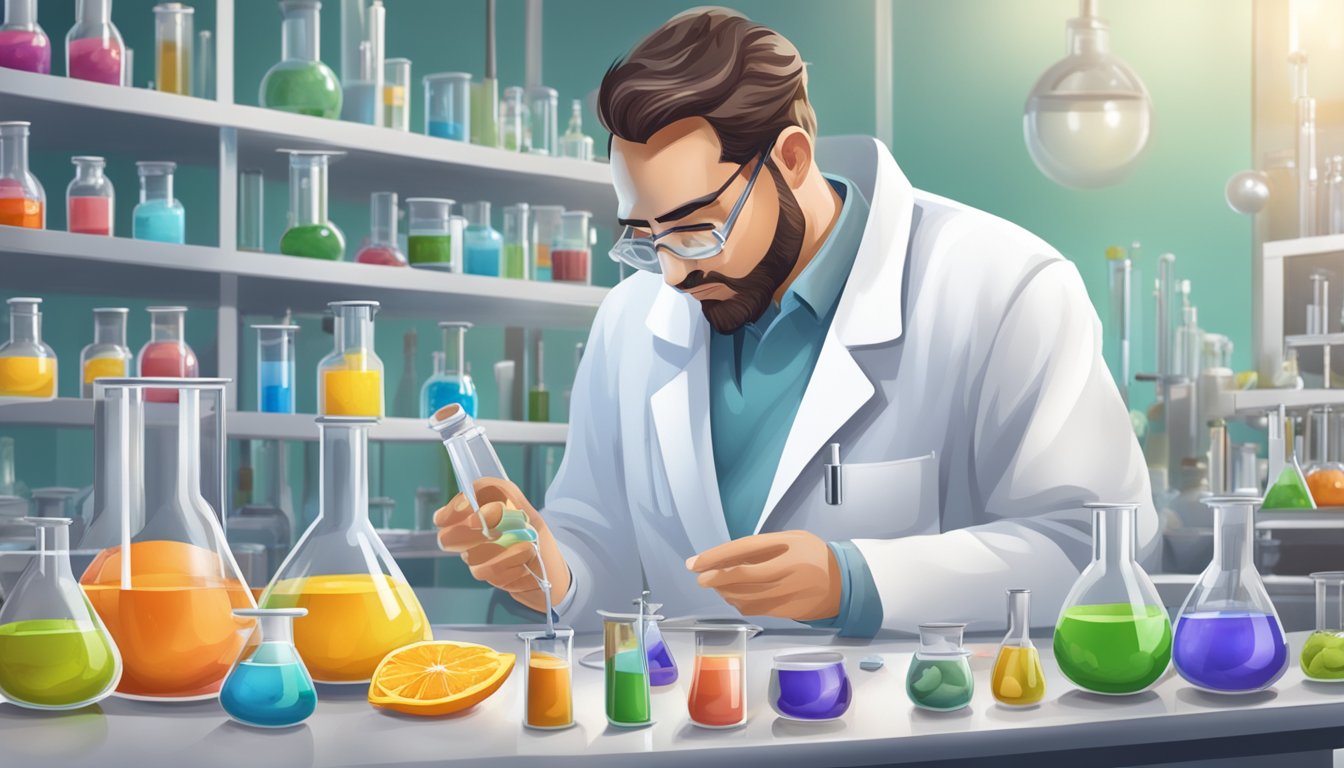 A laboratory setting with various food items and chemical compounds on a table, with a scientist in a lab coat examining a vial of sorbic acid