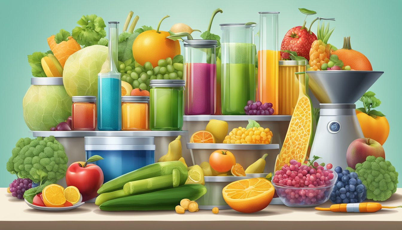 A colorful array of food items, such as fruits, vegetables, and packaged goods, surrounded by scientific equipment and test tubes