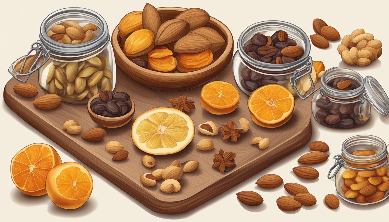 A wooden cutting board with a variety of dried fruits and nuts, surrounded by glass jars and a vintage scale