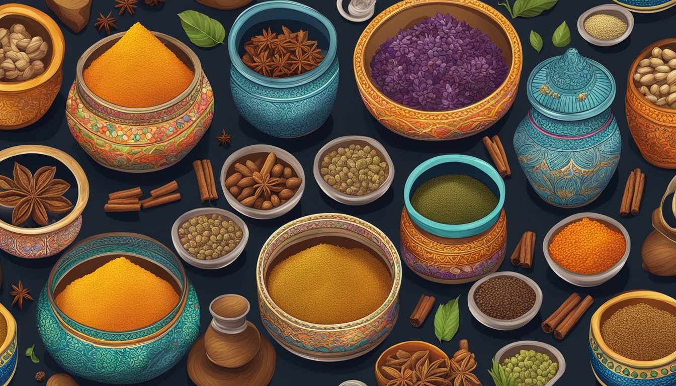 A table with small jars of mahlab and other spices, surrounded by vibrant colors and intricate patterns