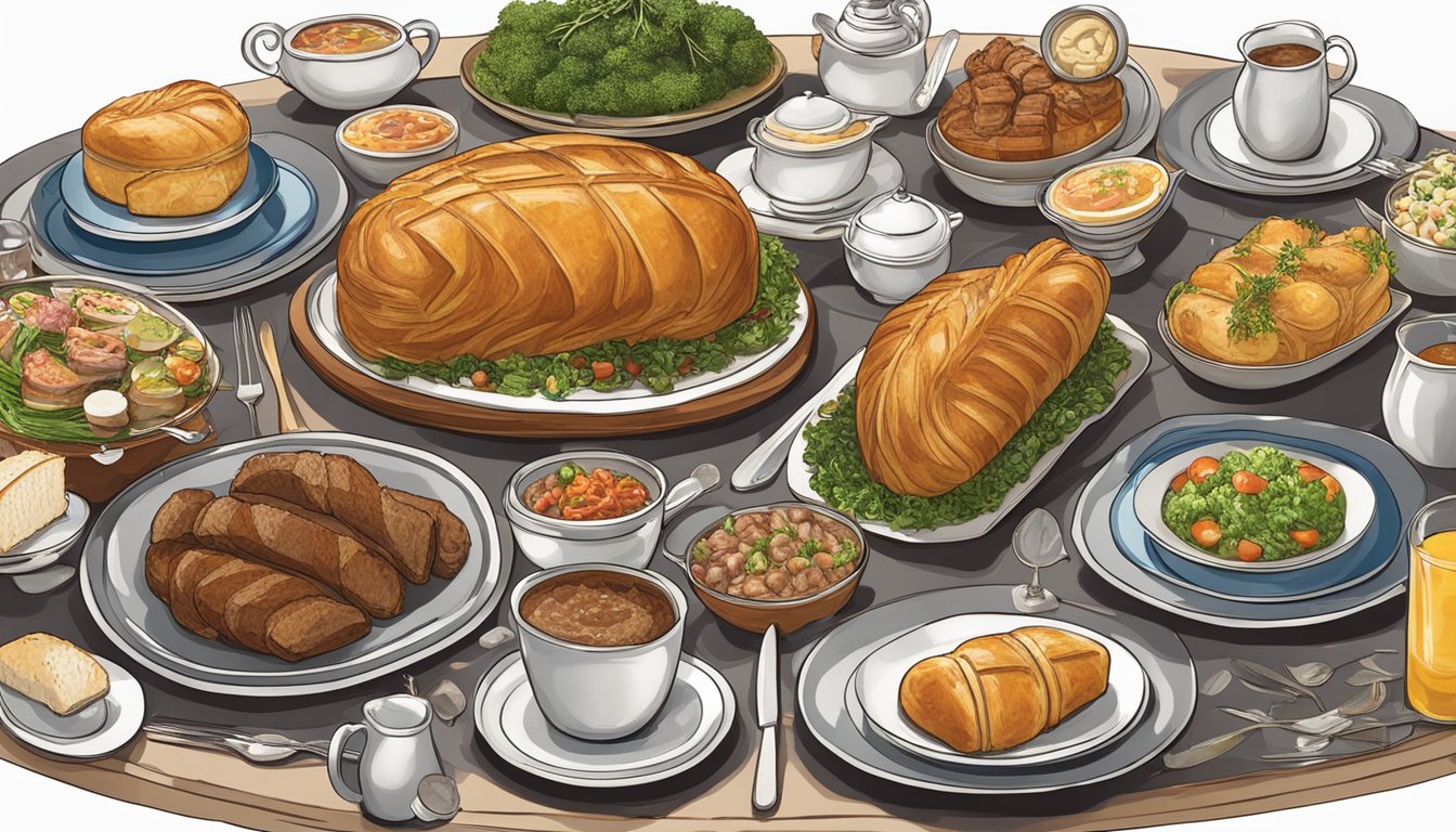 A grand dining table displays Beef Wellington surrounded by 9 other dishes named after famous people