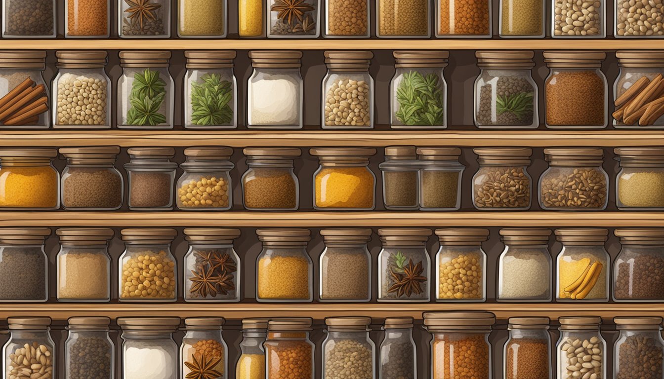 A collection of small jars filled with Ajowan Caraway and other expensive spices, neatly arranged on a wooden spice rack