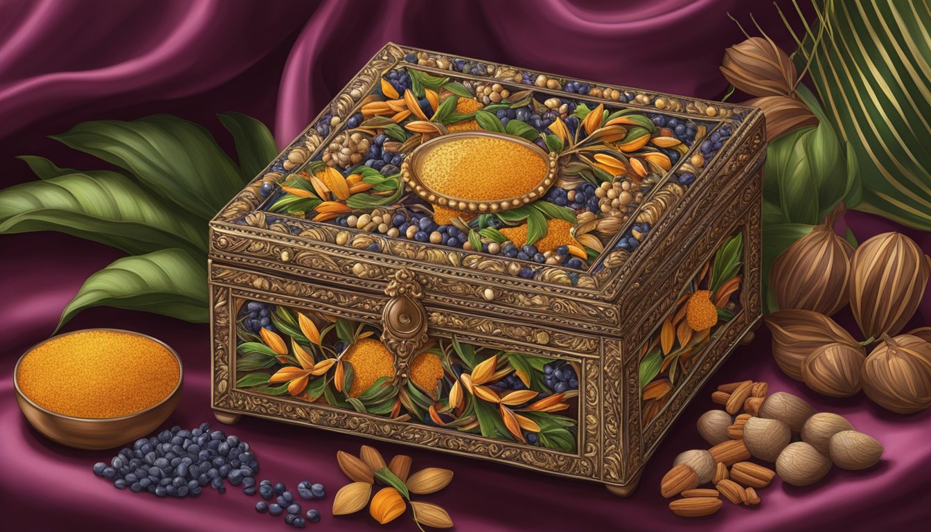 Grains of Paradise arranged in a luxurious, ornate spice box on a richly colored silk cloth