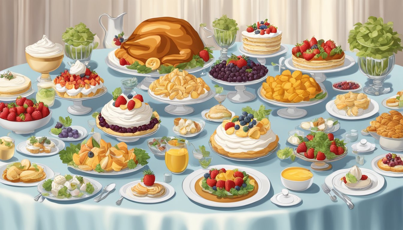 A grand banquet table set with Pavlova dessert surrounded by 10 food items named after people